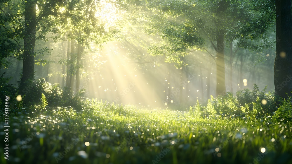 Fototapeta premium Morning sunlight breaks through green trees onto dewy grass, creating dreamy atmosphere with soft golden rays and misty bokeh effect in pristine spring scene.
