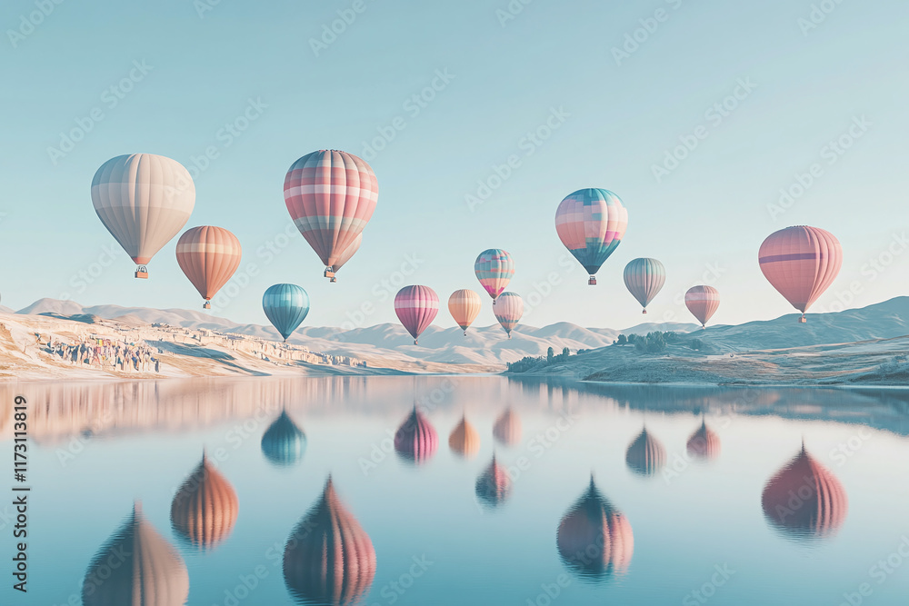 Obraz premium Beautiful hot air balloons rising into clear sky with tranquil reflections
