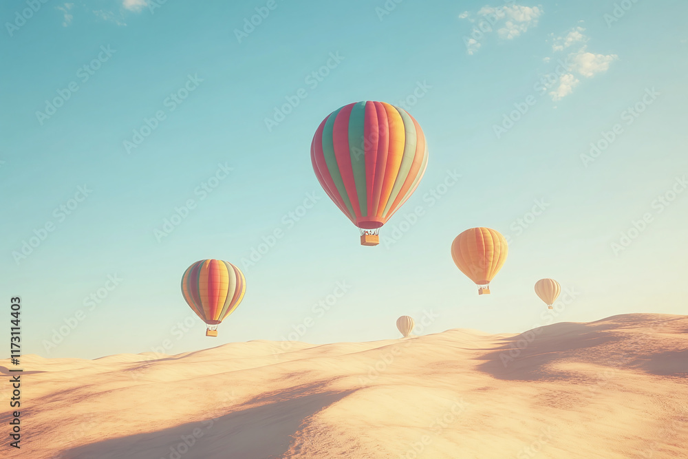Fototapeta premium Beautiful desert landscape with colorful balloons and serene horizon