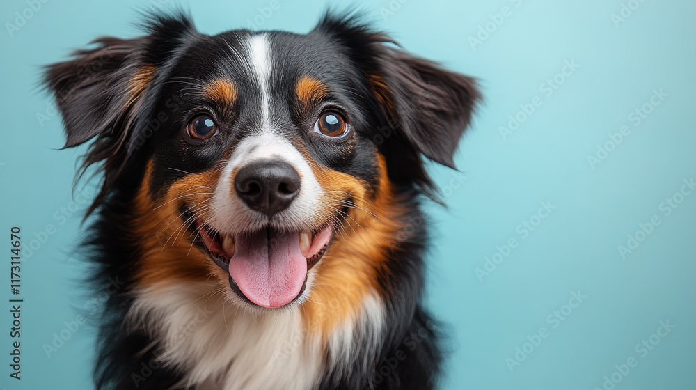playful dog with its tongue out, showcasing joyful expression against light blue background. This charming pet exudes happiness and warmth playful dog with its tongue out, showcasing joyful expression against light blue background. This charming pet exudes happiness and warmth