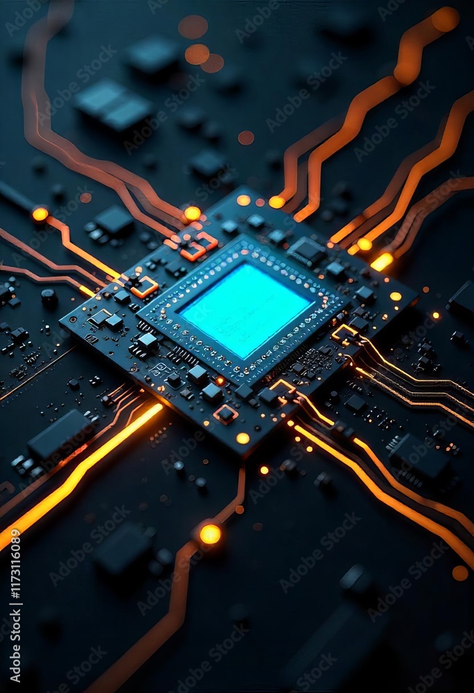Fototapeta premium Illuminated Microchip on Circuit Board