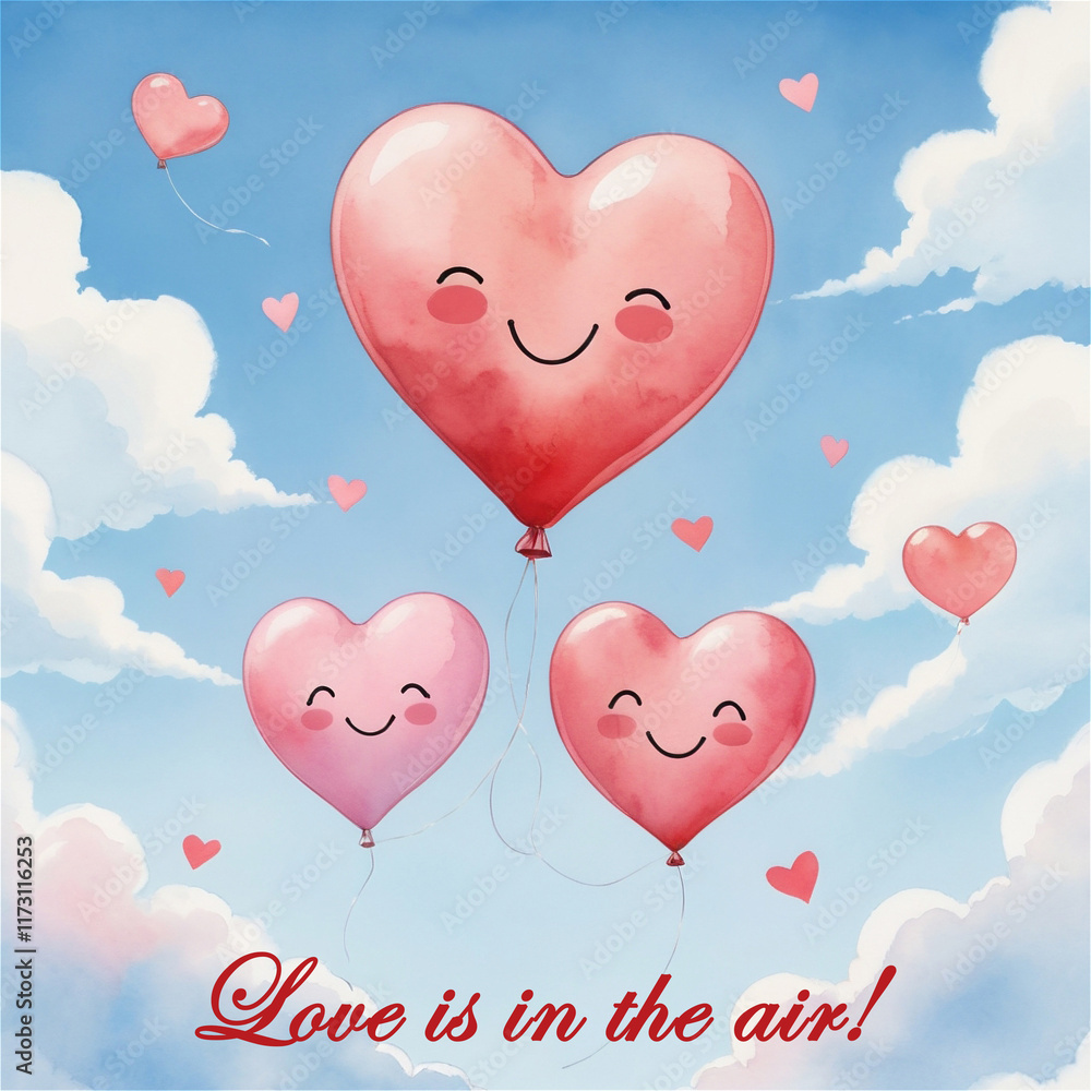 Heart-shaped balloons smiling in the blue sky Heart-shaped balloons smiling in the blue sky