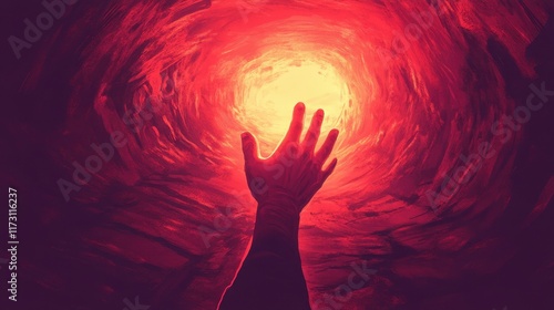 A hand reaches towards a fiery red light photo