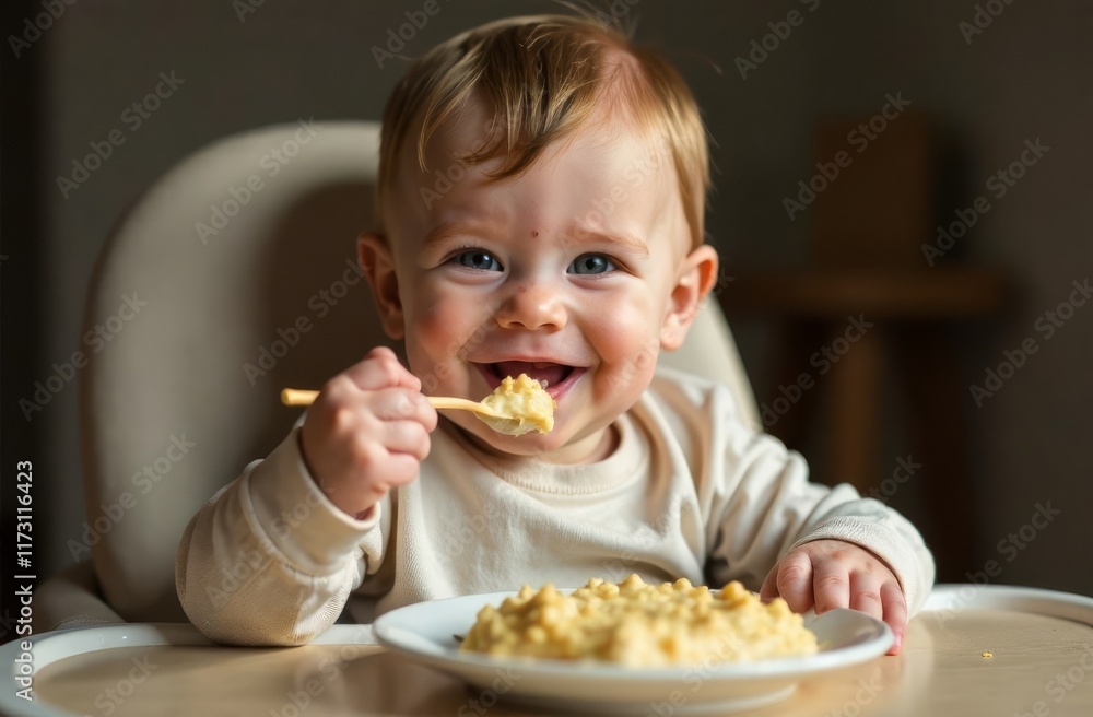 Happy child eats porridge with a spoon in his hand, sits on a children's chair. Close-up. Balanced baby food concept Happy child eats porridge with a spoon in his hand, sits on a children's chair. Close-up. Balanced baby food concept