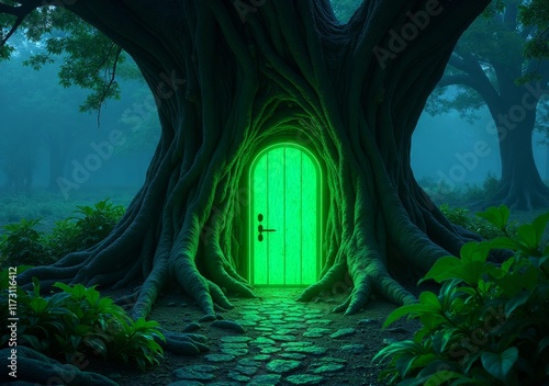 Mysterious green door nestled in an ancient tree under moonlight forest photo