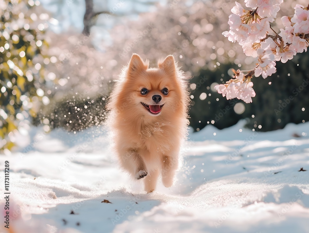 Obraz premium pomeranian dog running in the snow, sunlit path.
