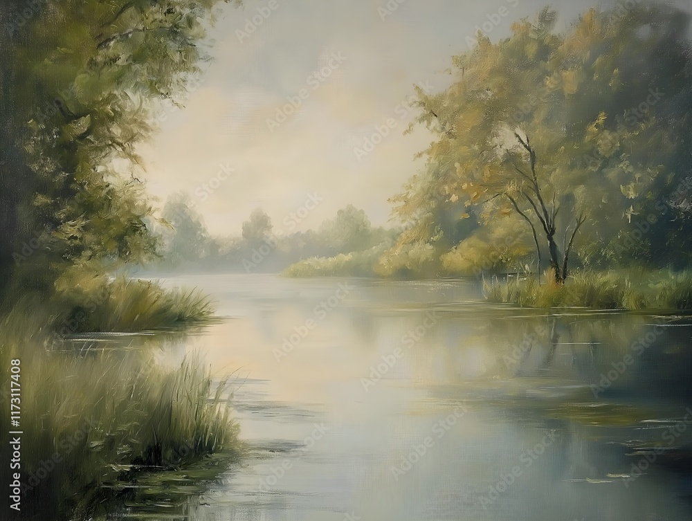 Fototapeta premium tranquil river scene with trees and a misty atmosphere.