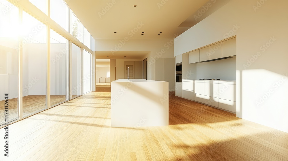 Fototapeta premium Kitchen interior in beautiful new luxury home with kitchen island and wooden floor, bright modern minimal style, with copy space