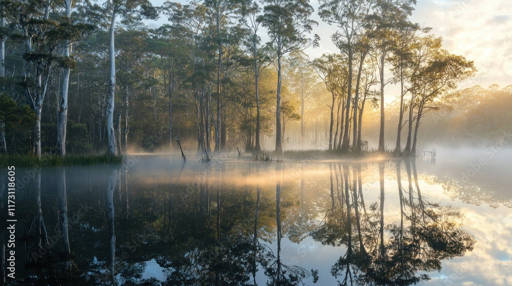 Misty Sunrise Reflection in the Australian Wetlands Misty Sunrise Reflection in the Australian Wetlands