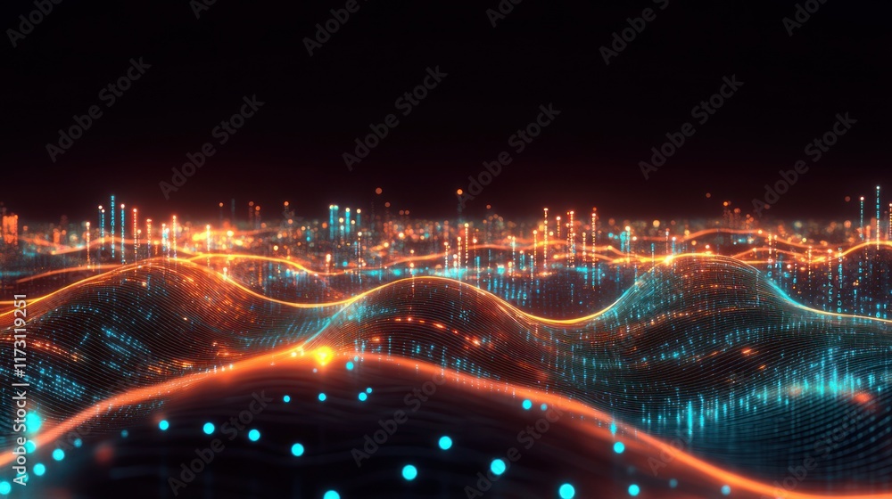 Fototapeta premium Abstract Digital Landscape with Neon Waves