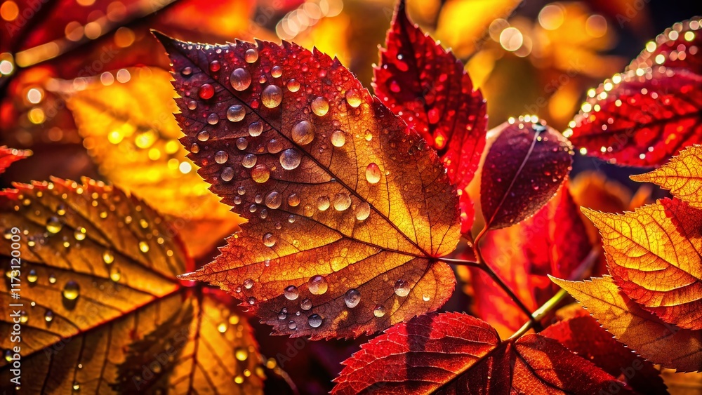 Autumn Leaves Silhouette: Dewdrop-Kissed Fall Foliage, Vibrant Colors Autumn Leaves Silhouette: Dewdrop-Kissed Fall Foliage, Vibrant Colors