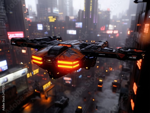 Cyberpunk Drone Ship Rain Cityscape Glowing Lights Futuristic Design photo