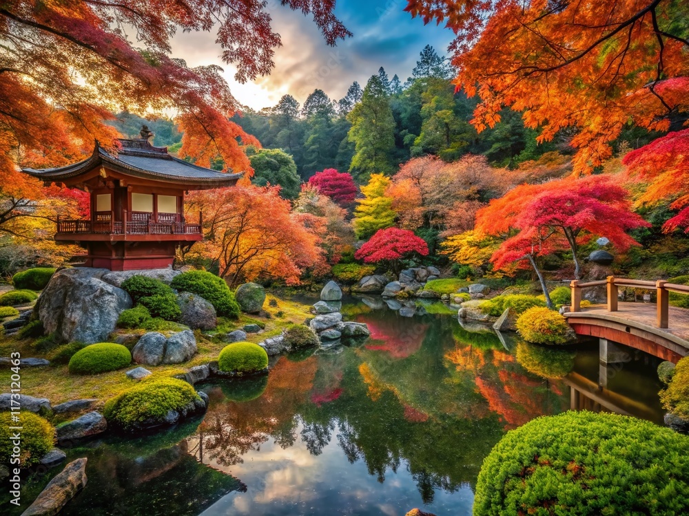 Fototapeta premium Autumn Panorama: Daigoji Temple's Maple Garden, Kyoto, Japan