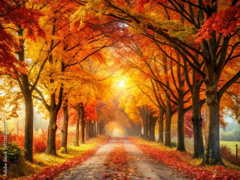 Fototapeta premium Autumn Path: Golden Canopy of Leaves - Double Exposure Photography