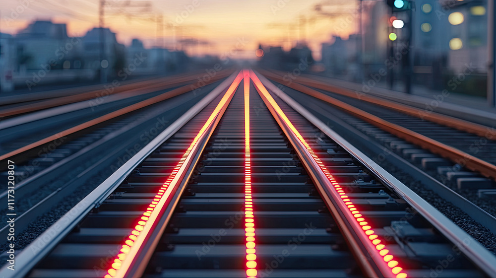 Train tracks at dusk urban setting photography perspective journey through time Train tracks at dusk urban setting photography perspective journey through time