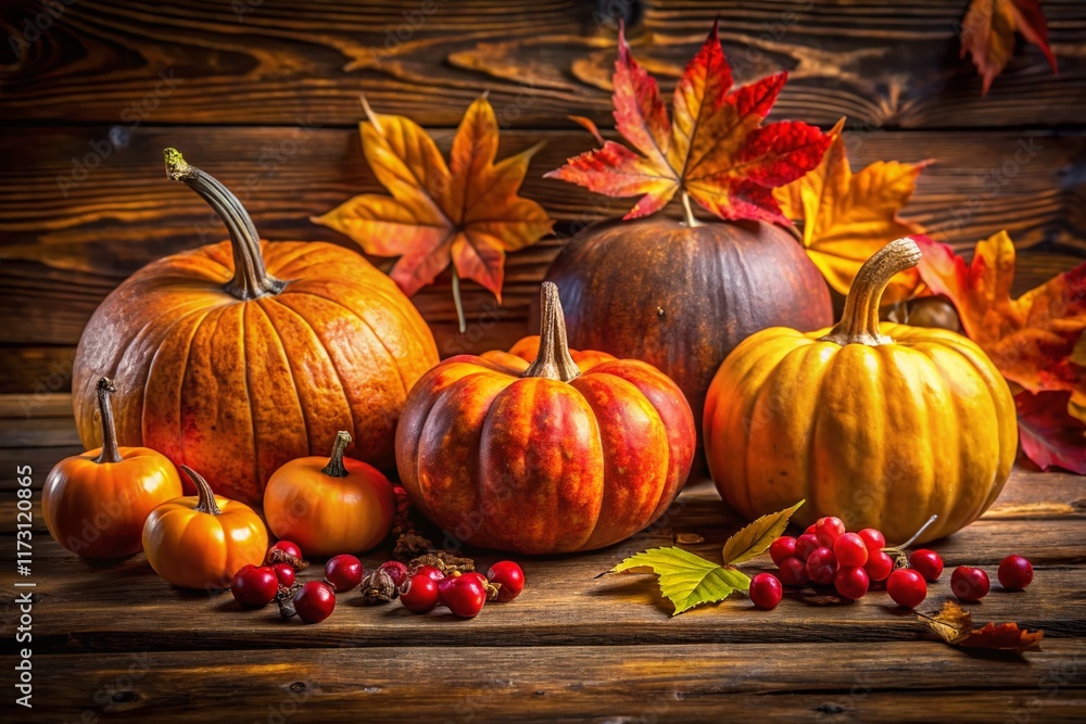 Autumn Thanksgiving Still Life: Pumpkins, Berries & Leaves on Rustic Wood Autumn Thanksgiving Still Life: Pumpkins, Berries & Leaves on Rustic Wood