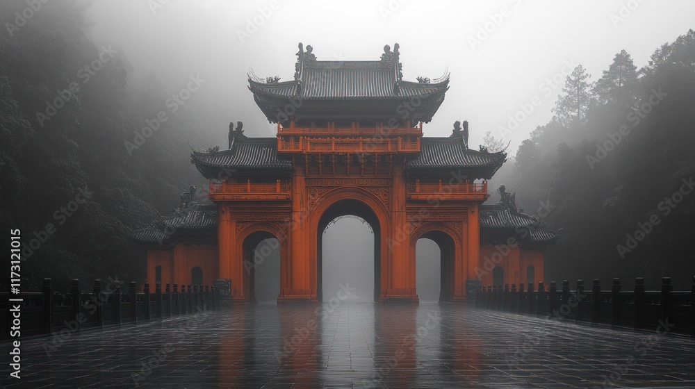 Ancient orange gate in misty mountains. Ancient orange gate in misty mountains.