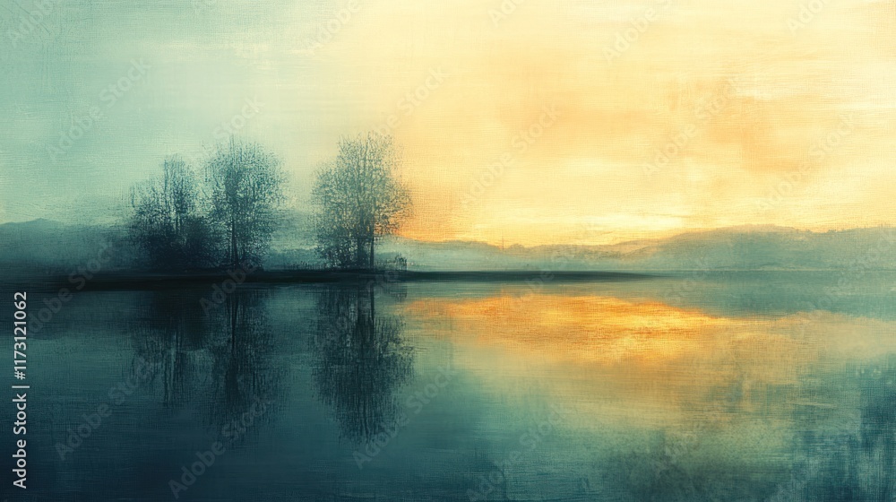 Fototapeta premium A serene landscape at dusk with trees reflecting on a calm body of water.