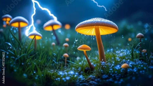 Wallpaper Mural Mystical Mushrooms Under a Lightning Storm: A captivating scene of glowing yellow mushrooms bathed in the ethereal light of a lightning strike. The delicate mushrooms, illuminated by the bolts. Torontodigital.ca