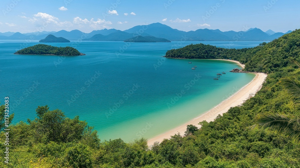 Fototapeta premium Serene Coastal Paradise: Island Bay and Lush Tropical Foliage