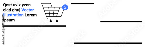 Shopping cart icon with notification badge displaying the number 3 and placeholder text. Ideal for e-commerce, online shopping, user interface, web design, digital marketing, commercial websites
