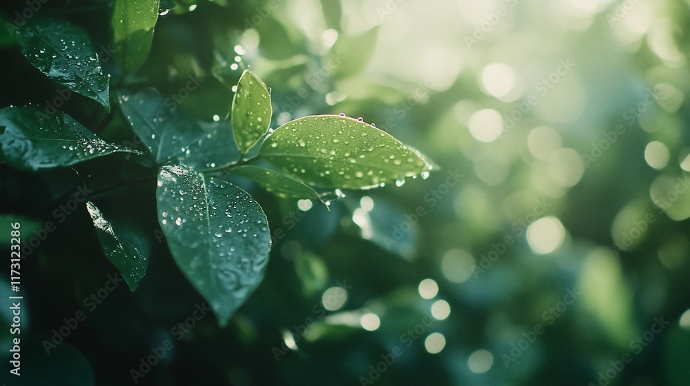 Dew drops on lush green leaves in sunlight. Dew drops on lush green leaves in sunlight.
