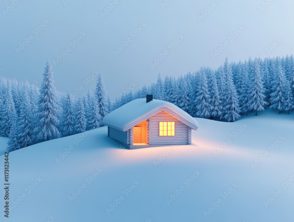 Cozy winter cabin in snowy forest evening scene digital art tranquil environment aerial view warmth and solitude Cozy winter cabin in snowy forest evening scene digital art tranquil environment aerial view warmth and solitude