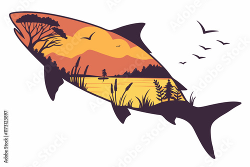 Double Exposure Fish Silhouette - Sunset Landscape and Wildlife Artwork.