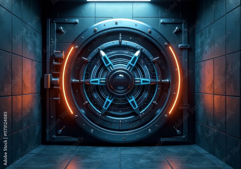 Secure vault door illuminated with neon accents in a dimly lit room Secure vault door illuminated with neon accents in a dimly lit room