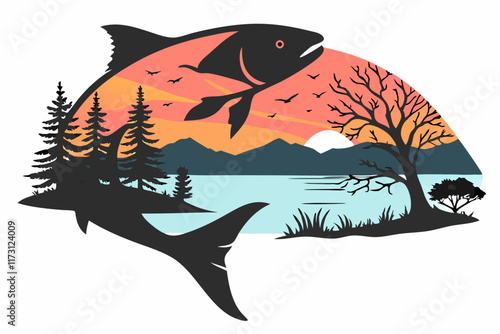 Double Exposure Fish Silhouette - Sunset and Lake Landscape Artwork.
