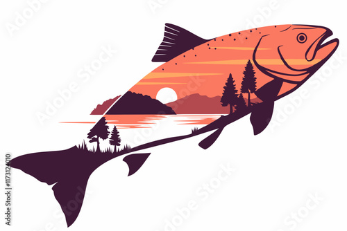 Double Exposure Fish Silhouette - Sunset Lake and Forest Landscape Artwork.