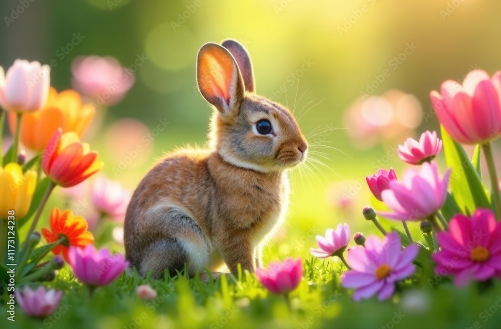 a cute bunny surrounded by vibrant flowers a cute bunny surrounded by vibrant flowers