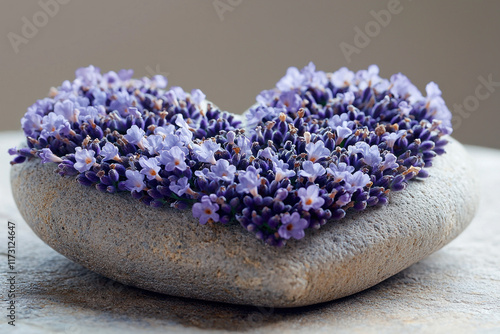 Lavender heart on stone indoors, blurred background, wellness decoration