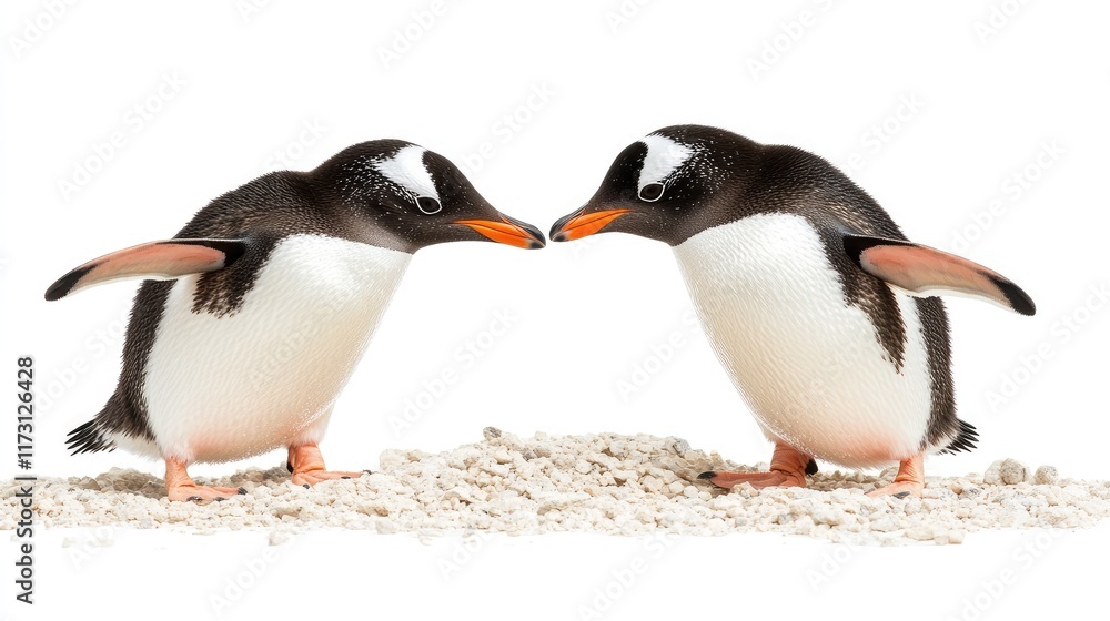Obraz premium Two penguins facing each other on sandy ground, showcasing their playful interaction.