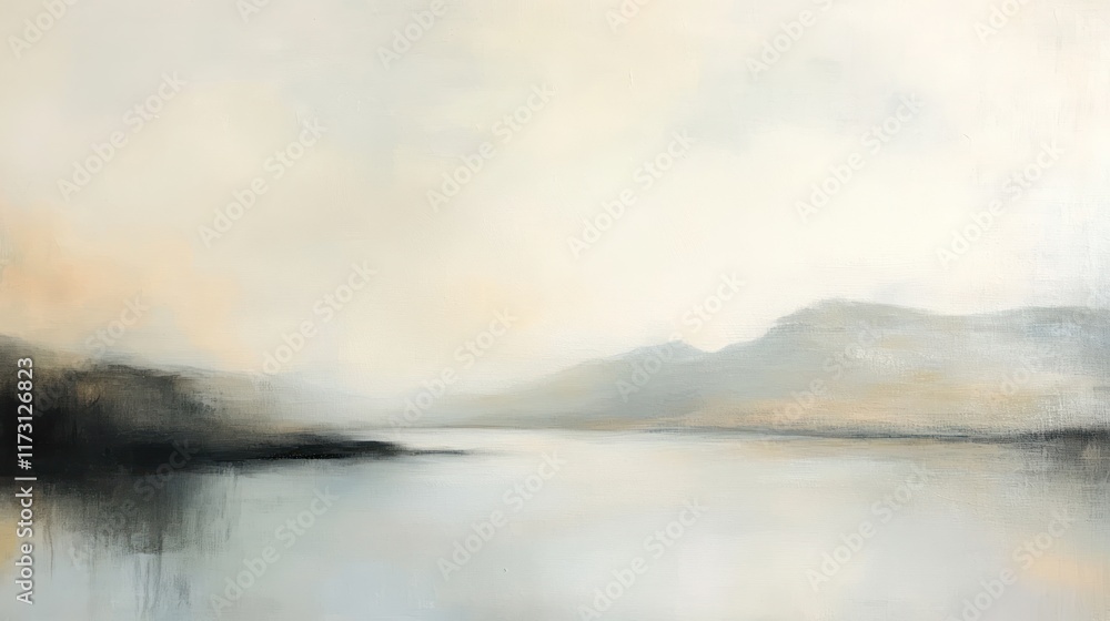 A serene landscape painting depicting soft hills and a calm waterway under a hazy sky. A serene landscape painting depicting soft hills and a calm waterway under a hazy sky.