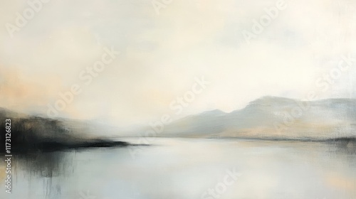 A serene landscape painting depicting soft hills and a calm waterway under a hazy sky.