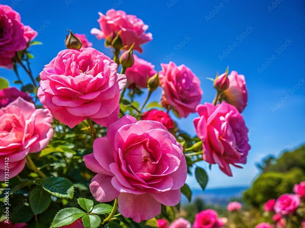 Obraz premium Blooming & Non-Blooming Pink Roses Against a Vivid Blue Sky - Candid Stock Photo