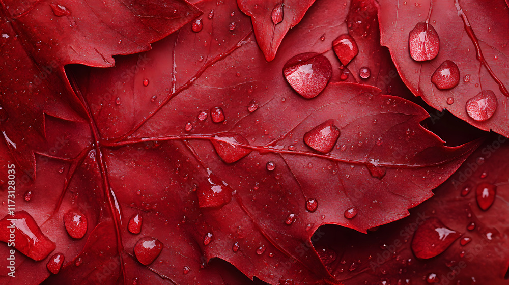 Fototapeta premium Close-Up of Red Leaves with Water Droplets – Nature Macro Background