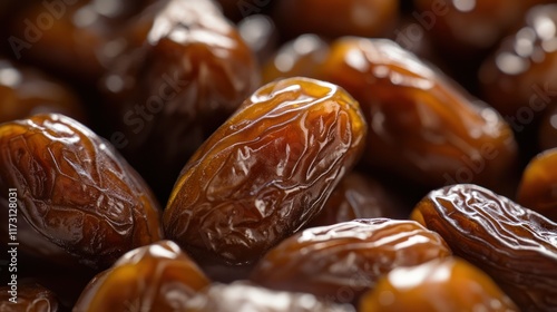 Close-up shot of many dates, a rich brown color with glossy texture.  Sweet, delicious and nutritious fruit. photo