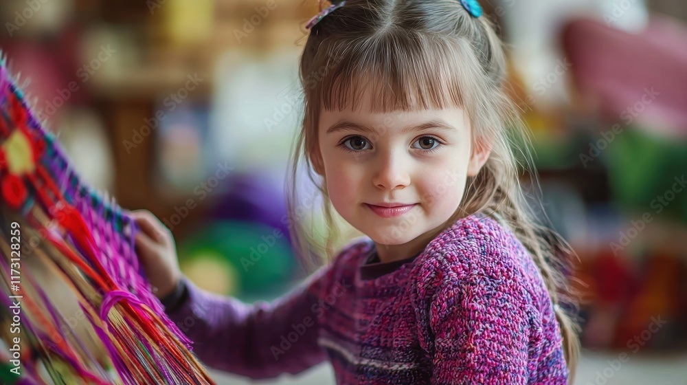 Fototapeta premium A young girl engaging with colorful crafts indoors.