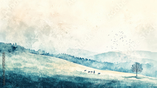 A serene watercolor of a hillside with a lone shepherd and flock, painted in soft, peaceful tones with delicate textures, symbolizing harmony, solitude, and divine care.