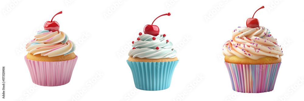 A Set of Delicious 3D Cartoon Cupcakes with Cherries Isolated on Transparent Background A Set of Delicious 3D Cartoon Cupcakes with Cherries Isolated on Transparent Background