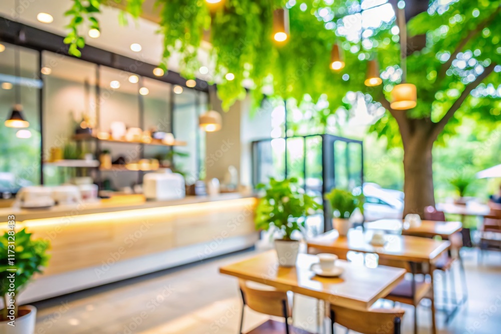 Fototapeta premium Blurred Minimalist Cafe Interior with Green Tree Background - Stock Photo