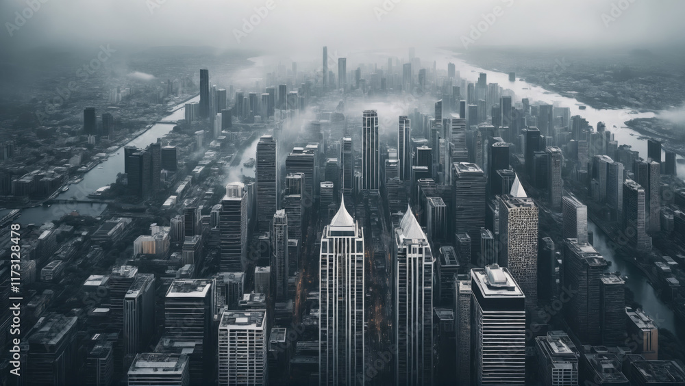 Skyline view of a city engulfed in mist showcasing towering skyscrapers and winding river Skyline view of a city engulfed in mist showcasing towering skyscrapers and winding river