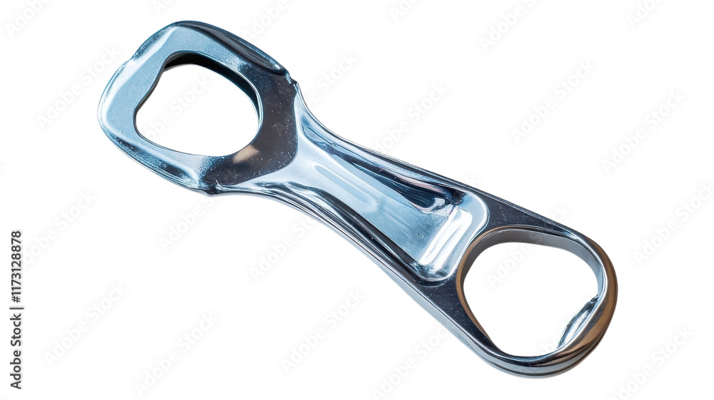 A shiny metal bottle opener lying on a white background, ready for use in a kitchen or party setting. A shiny metal bottle opener lying on a white background, ready for use in a kitchen or party setting.