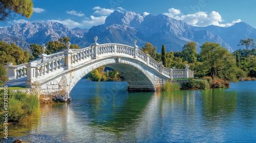 Scenic arched bridge over tranquil lake with mountain backdrop.