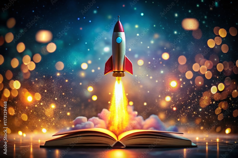 Fototapeta premium Book Launch Rocket: Bokeh Lights Celebrate New Release