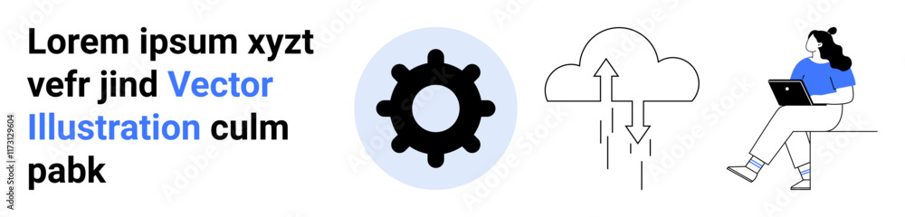 Gear cog, data cloud, woman using laptop. Ideal for technology, cloud computing, data management, remote work, software development, IT services, digital transformation. Landing page Gear cog, data cloud, woman using laptop. Ideal for technology, cloud computing, data management, remote work, software development, IT services, digital transformation. Landing page