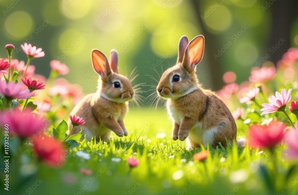 Two rabbits are playfully sniffing each other in a lovely field of flowers Two rabbits are playfully sniffing each other in a lovely field of flowers