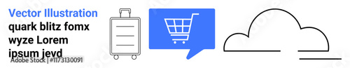 E-commerce shopping cart icon in blue chat bubble, travel suitcase, cloud storage icon. Ideal for digital services, online shopping, travel arrangements, cloud storage, e-commerce platforms